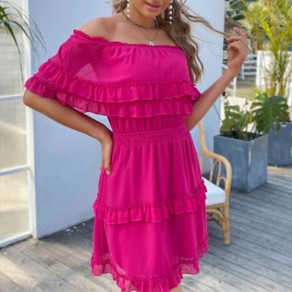Off shoulder Ruffle Hem Mini Dress hot pink - Picture 5 of 8